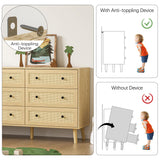 Wananlanen Rattan Dresser for Bedroom, Boho 6 Drawer Dressers & Chest of Drawers with Storage and Metal Handle, Modern Natural Wood Storage Dresser for Living Room, Hallway, Entryway Wananlanen