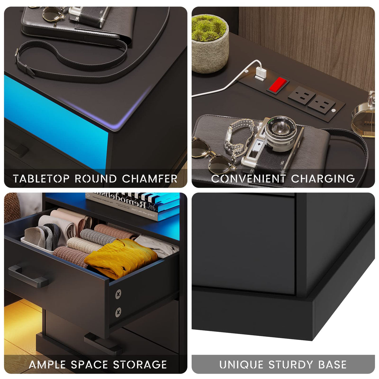 Hasuit Nightstand with Charging Station and LED Lights, Large Bedside Table with 3 Storage Drawer, Black Night Stand for Bedroom, Wider Tabletop 19.0''(L) x 15.0''(W) Hasuit