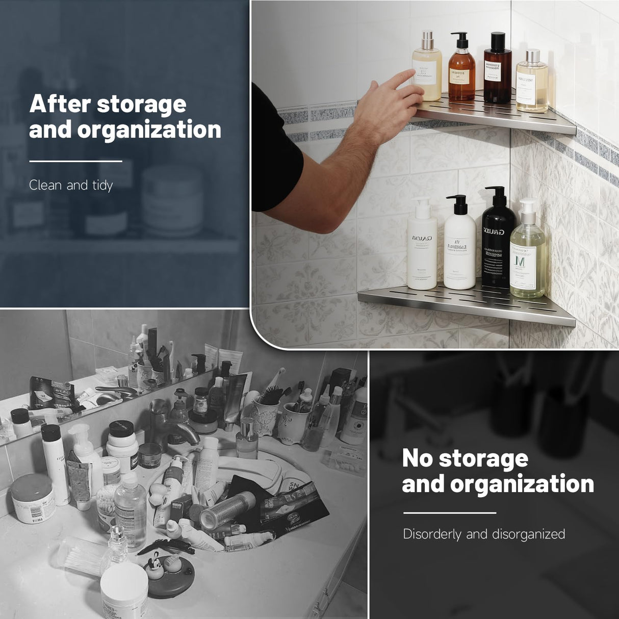 BWE 10" Shower Corner Shelf, 304 Stainless Steel Shower Shelves, Slot Design Corner Shower Shelf, Recessed Bathroom Storage Organizer for Tiled Wall,No Drilling Need, Brushed Nickel 2 Pack BWE