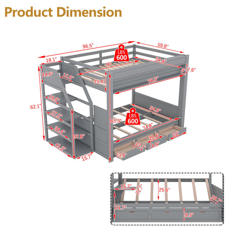 Full Over Full/Futon Bunk Bed with Storage Movable Stairs, Wood Bunkbed Full Size with 3 Drawers Convertible Couch Bed, Multi-functional Full Bed Frame for Kids Teens, No Box Spring Needed (Gray) CAPCAEK