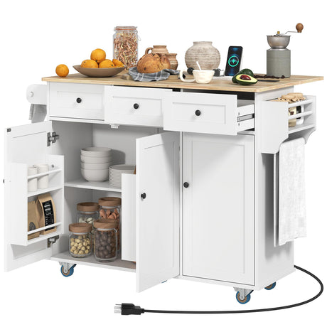 HOMCOM Rolling Kitchen Island with Power Outlet and Drop Leaf, 53" Island Table with Wood Top, 3 Drawers, Adjustable Shelf, Spice & Towel Rack, Kitchen Cart on Wheels, White HOMCOM