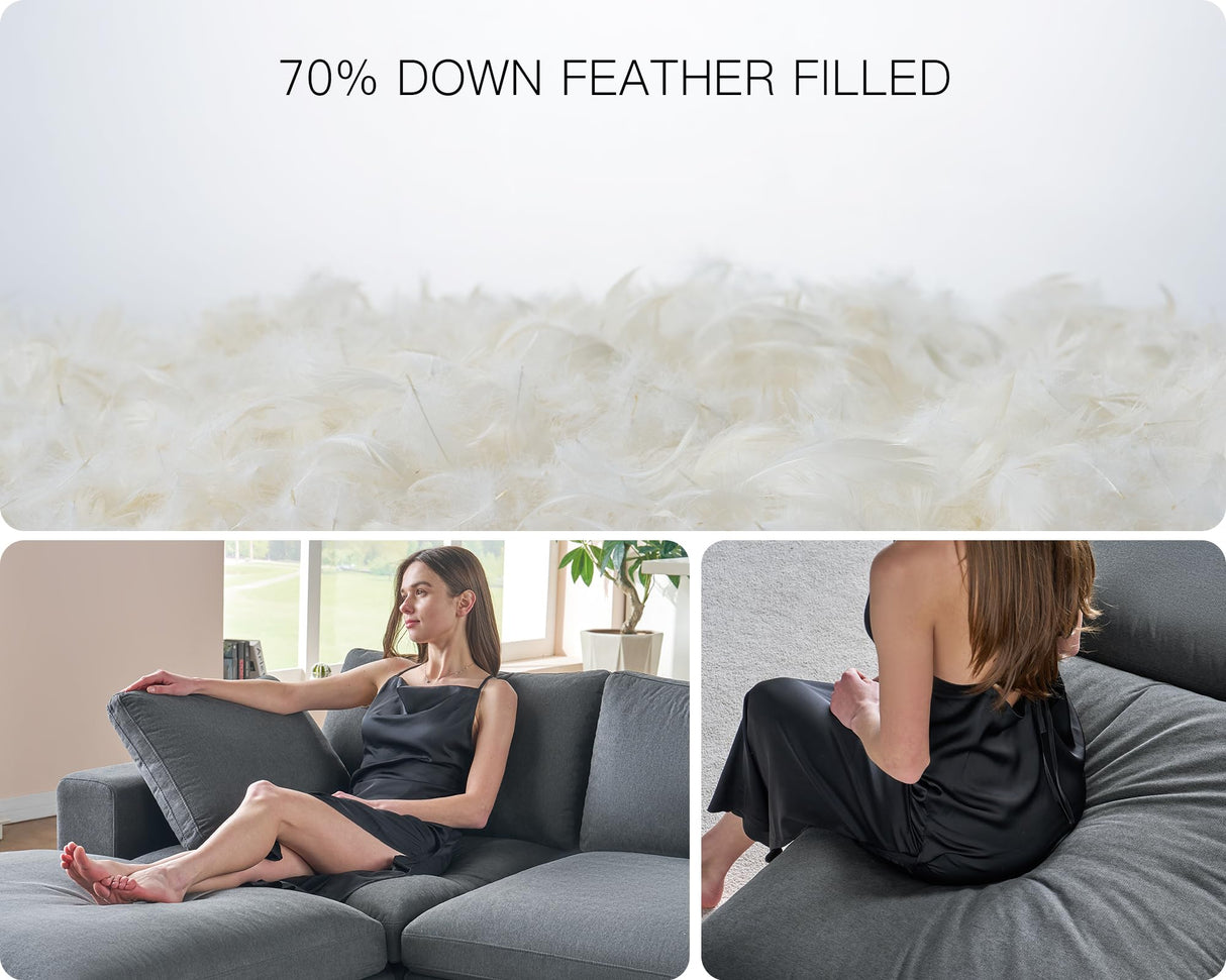 PaPaJet Modular Sectional Sofa, 114 Inches Oversized Down Filled Sectional Sofa, 4 Seats L Shaped Cloud Couch with Chaise, Ottoman, Comfy Sofa for Living Room, Grey Linen Couch Set PaPaJet