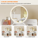 Fixwal White Small Vanity Desk Set with Lighted Mirror and Chair, Makeup Dresser with 2 Fabric Drawers, Power Outlet, Compact Table with Cushioned Stool for Bedroom Small Space Fixwal