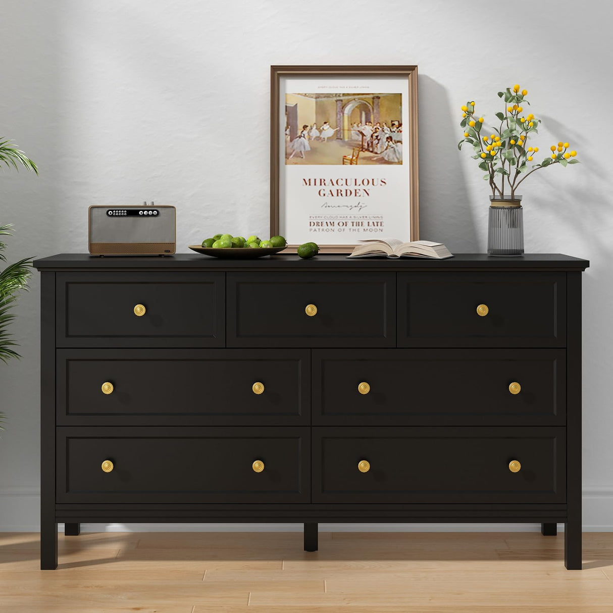 CARPETNAL Black Dresser for Bedroom, 7 Drawer Dresser with Wide Drawers and Gold Metal Handles, 55" Black and Gold Dresser TV Stand, Modern Dressers & Chests of Drawers for Hallyway, Entryway. CARPETNAL