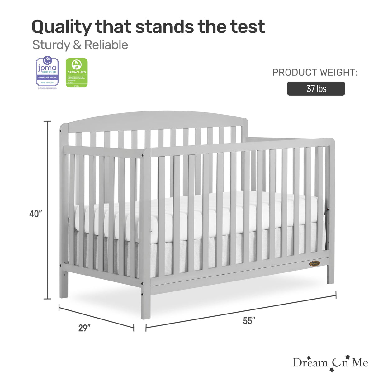 Dream On Me JPMA & Greenguard Gold Certified Odelle 5 in 1 Convertible Crib in Pebble Grey, Built of Sustainable Pinewood, 3 Mattress Height Settings, Non-Toxic Water-Based Paint Finish Dream On Me
