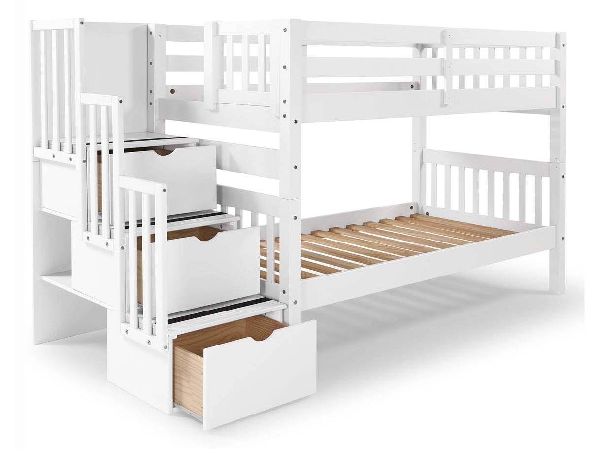 Bedz King Stairway Bunk Beds Twin over Twin with 3 Drawers in the Steps, White Bedz King