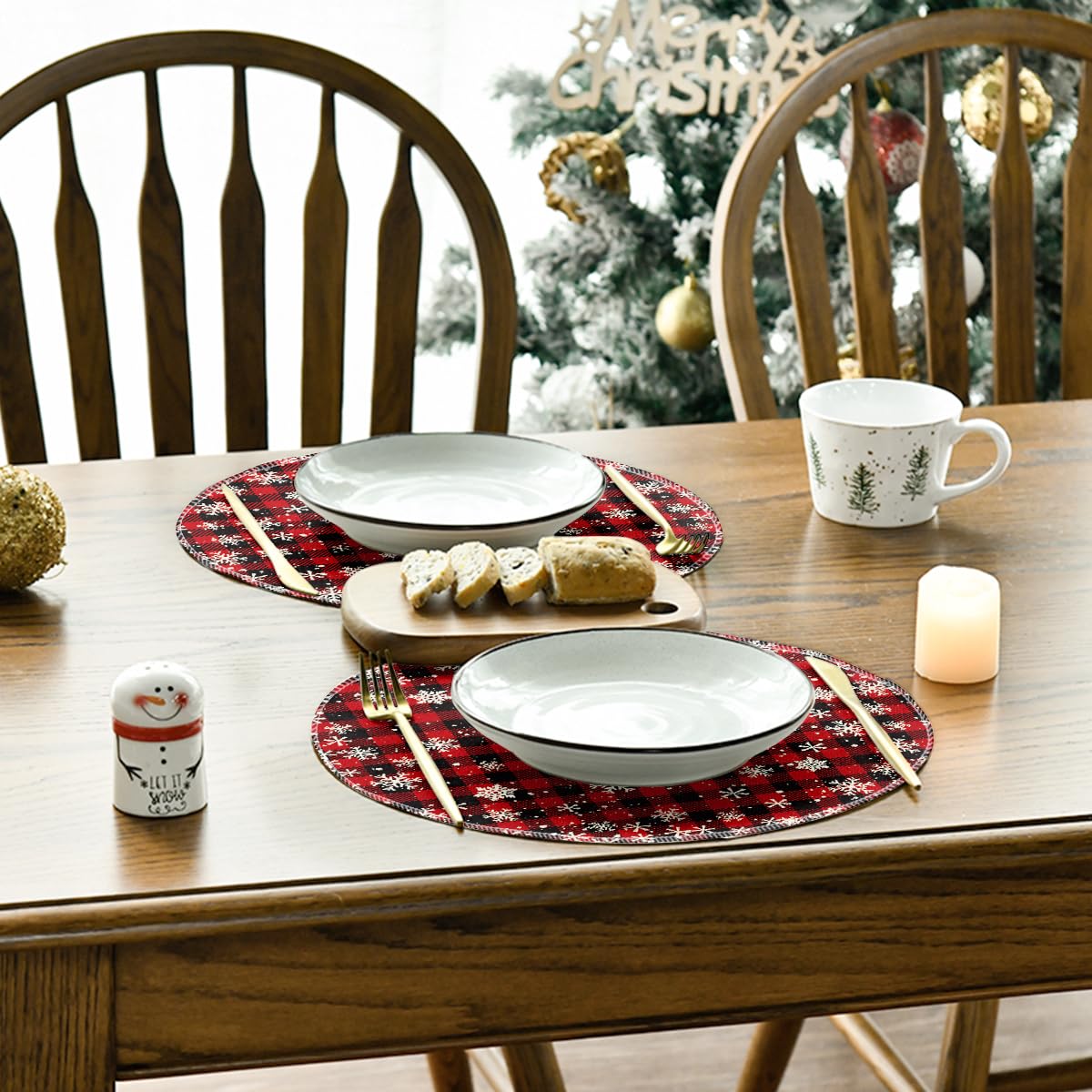 Artoid Mode Red and Black Buffalo Plaid Snowflakes Christmas Round Placemats Set of 4, 14 Inch Winter Round Table Mats for Dining Decoration Artoid Mode