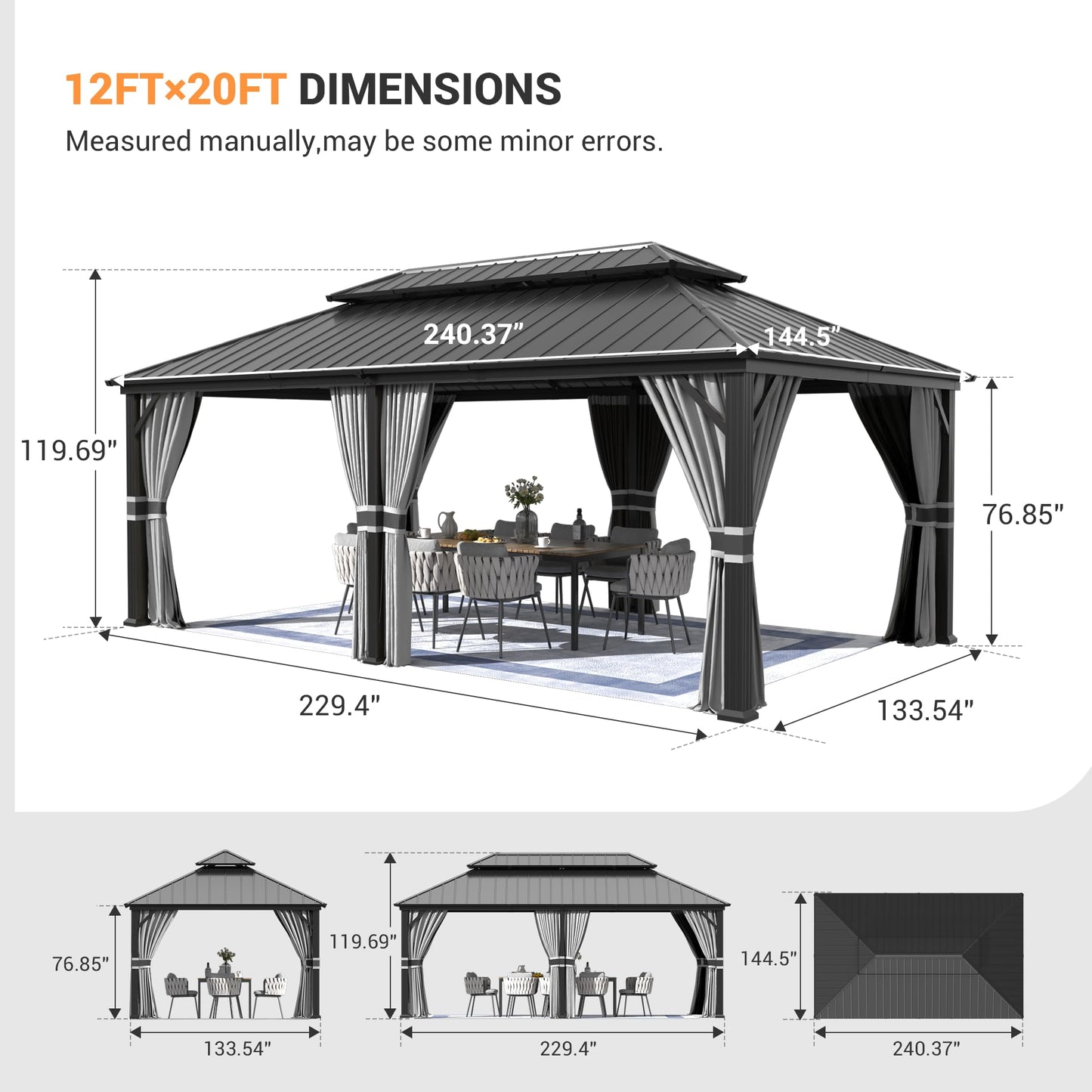 Amopatio 12' X 20' Hardtop Gazebo, Aluminum Metal Gazebo with Galvanized Steel Double Roof, Heavy Duty Permanent Outdoor Large Gazebos with Curtain and Netting for Patio Deck Backyard, Grey