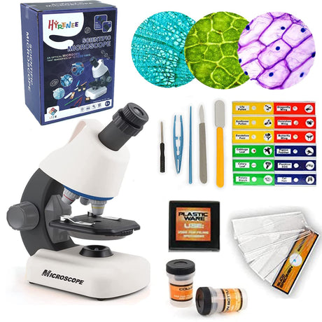HYRENEE Kids Microscope - Up to 40-1200x Zoom, STEM Kit with LED Light & Prepared Slides HYRENEE