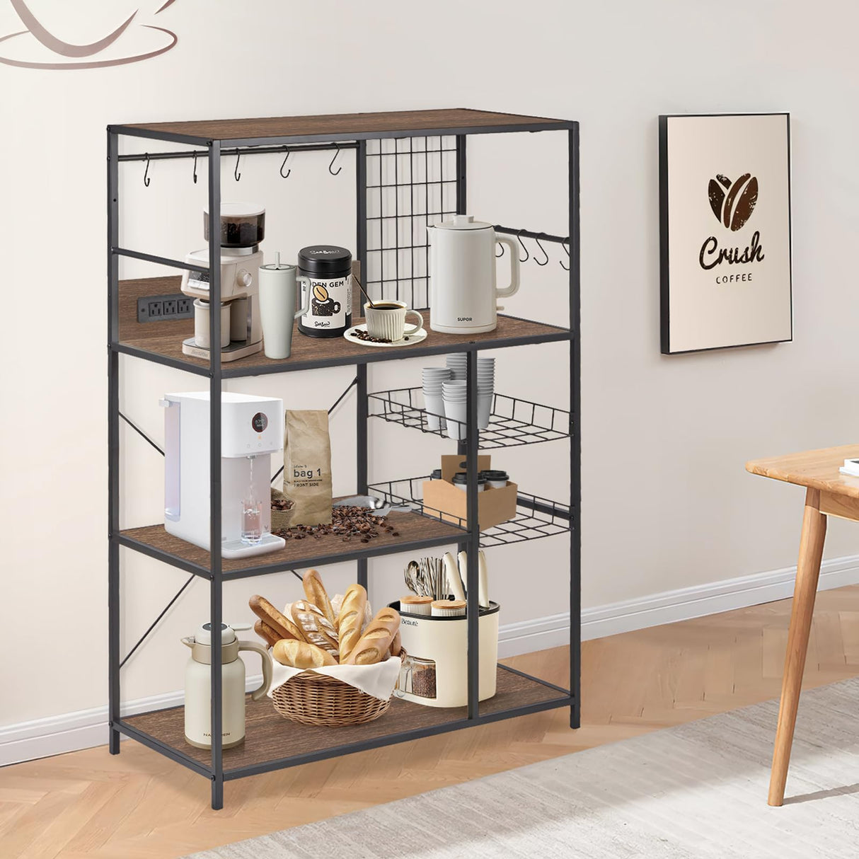 fusehome Bakers Rack with Power Outlet, Microwave Stand with Storage, Coffee Bar Organizer Cabinet with Wire Basket, Kitchen Shelf for Spices, 10 Hooks, Industrial, Brown fusehome