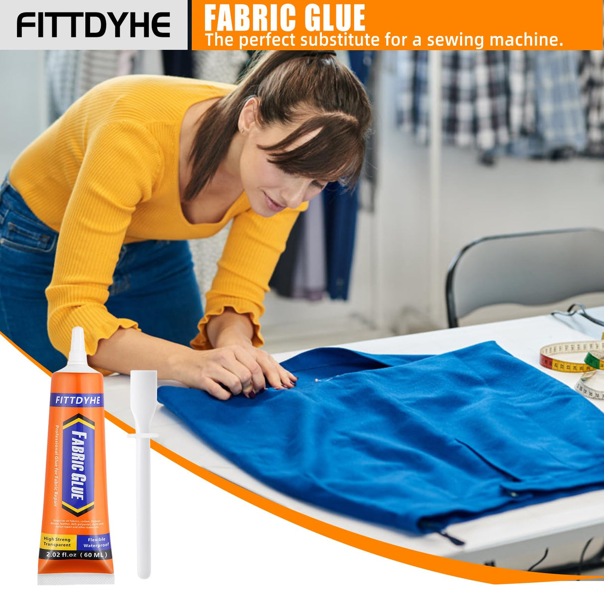 FITTDYHE Fabric Glue Permanent, 60 ML Washable Clear Clothing Glue, Super Fabric Glue for Rhinestones, Patches, Clothes, Denim, Leather, Polyester, Fabrics, Doll Repair, Flannel, Cotton FITTDYHE
