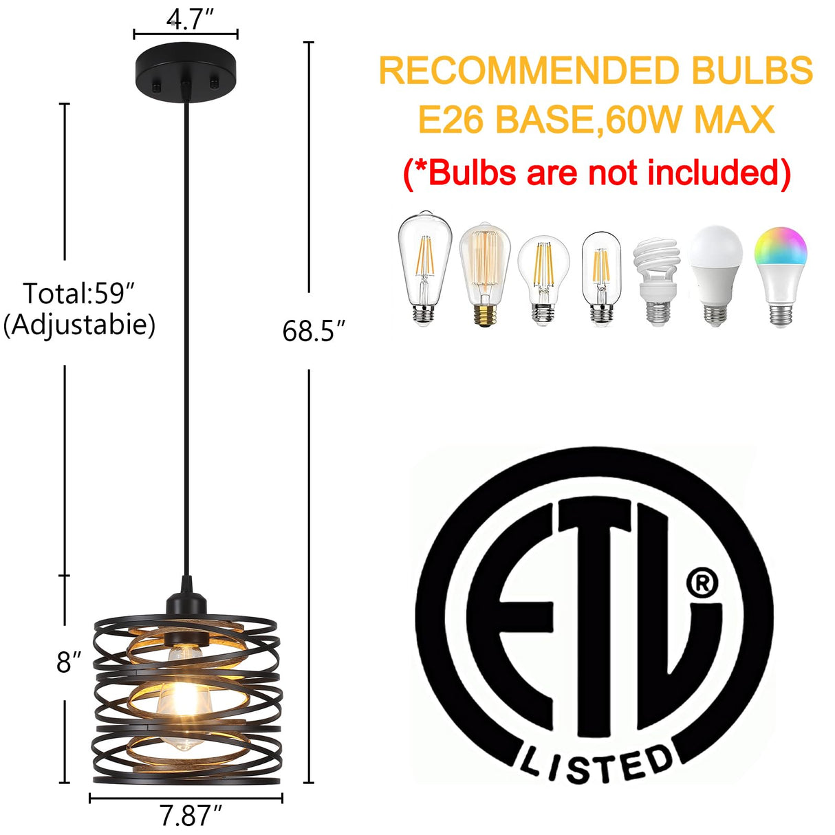 Ynzefly Pendant Light, Kitchen Island Hanging Light Fixtures Wood Farmhouse Metal Pendant Lighting for Dining Room Bedroom Bar Office, Industrial Black, 1 Pack Ynzefly