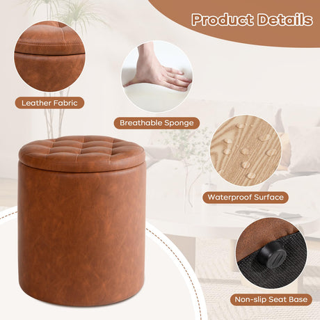Round Ottoman with Storage Set of 2, Faux Leather Button Tufted Storage Ottoman, 14.76"L x 14.76"W x 17.32"H, Boucle Vanity Stool Footrest Coffee Table for Living Room, Bedroom, Support 300 lbs, Brown oakvivo