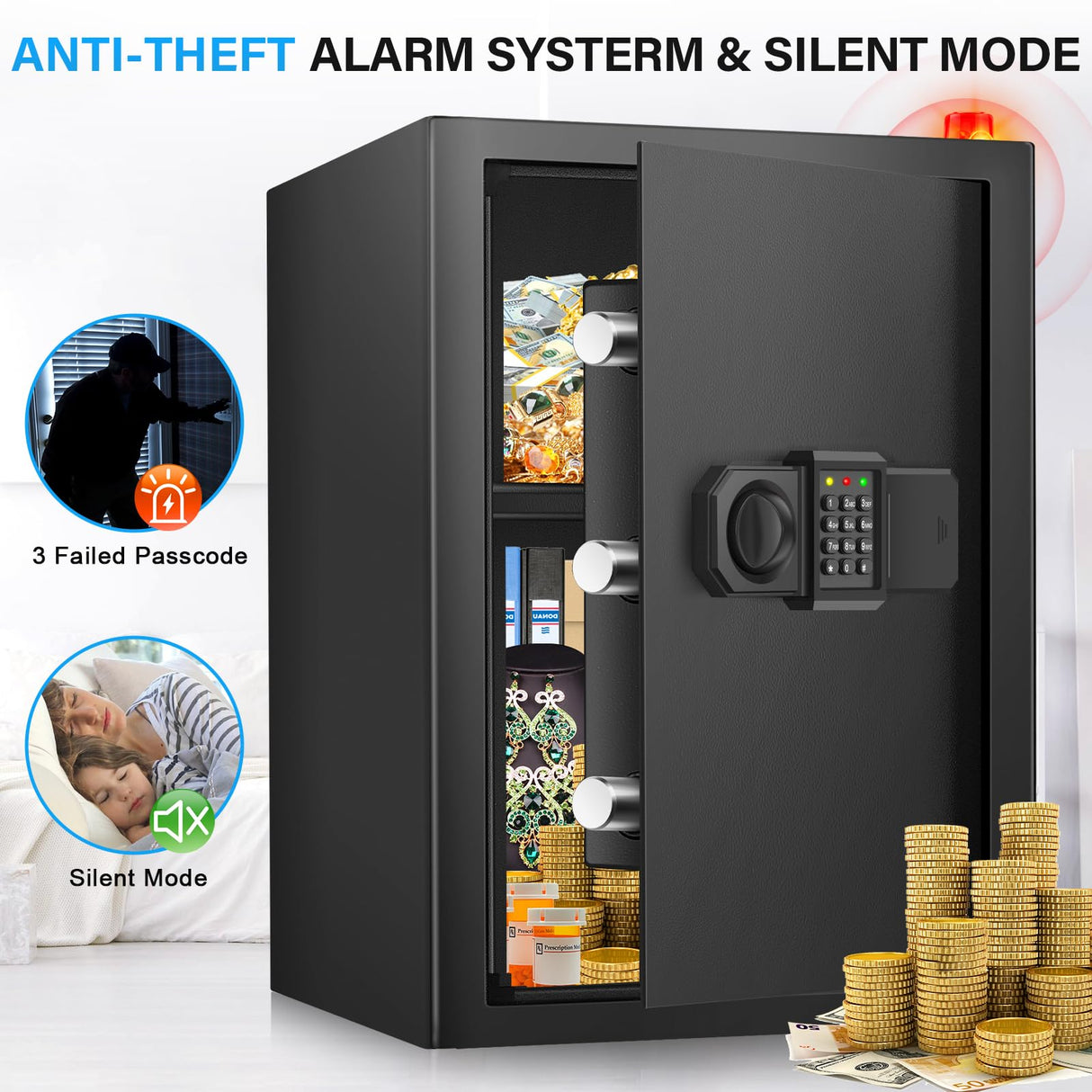 3.0 Cuft Large Fireproof Safes for Home, Digital Home Safe with Programmable Keyboard, Spare Keys and Removable Shelf, Anti-Theft Fire Safe Box for Money, Firearm, Medicines, Documents Bukumo