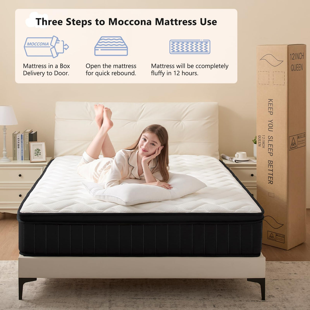Queen Mattress 14 Inch Hybrid Mattress Queen with Memory Foam - Mattress in a Box with Individual Pocket Spring - Medium Firm Mattress Sleep Support Pressure Relief CertiPUR-US Certified 14 Inch Queen Moccona