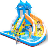TOAOB Inflatable Water Slide,5 in 1 Dolphin Inflatable Bounce House for Kids- Climbing Wall Splash Pool Water Cannon Basketball Rim - 480W Blower - for Indoor Outdoor Backyard Birthday Party TOAOB