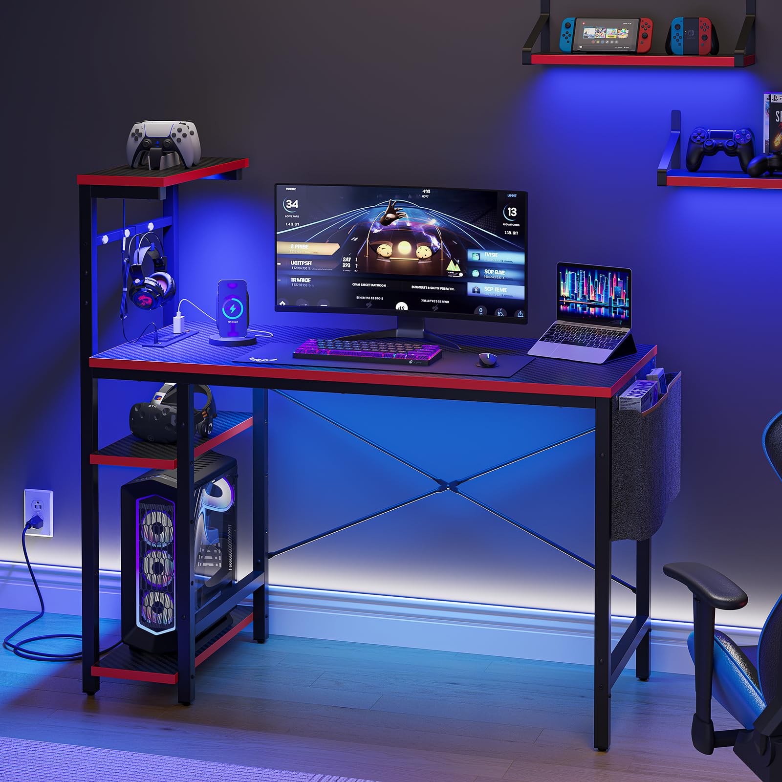 Bestier Gaming Desk with Power Outlets, 44 Inch Led Gamer Desk with 4 Tiers Reversible Shelves, PC Gaming Table with Headset Hook & Side Storage Bag for Bedroom (Black 3D Carbon Fiber) - WoodArtSupply