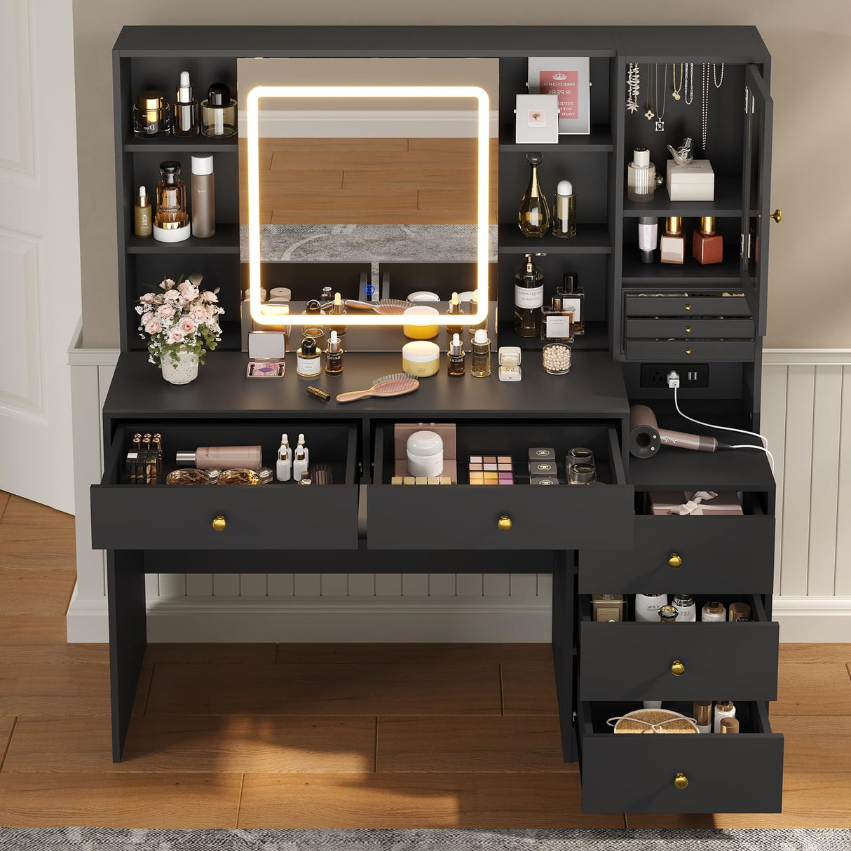 HAUOMS Makeup Vanity Desk with Lighted Sliding Mirror & Jewelry Organizer, Makeup Dressing Table with 5 Drawers, Modern Black HAUOMS