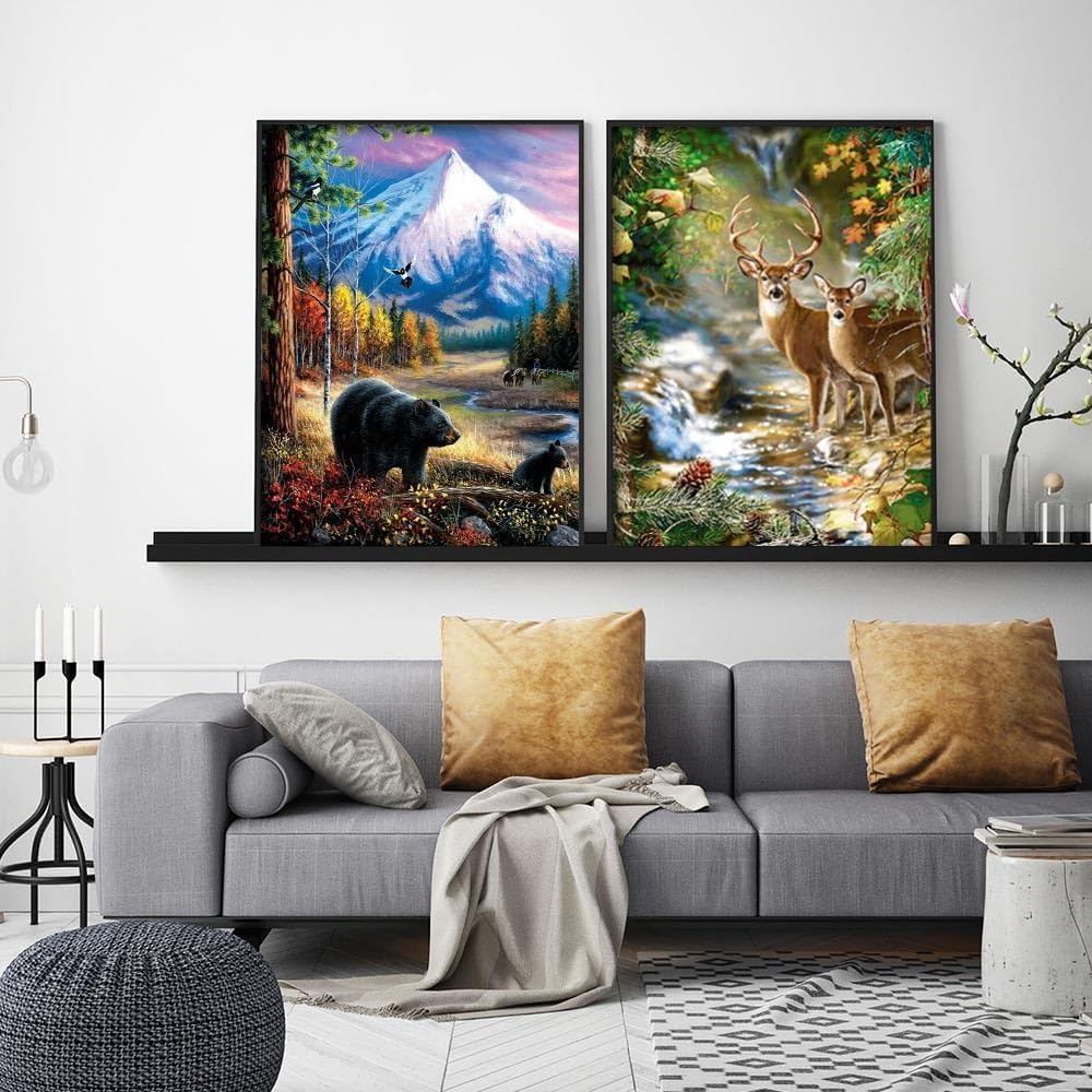Mowana Diamond Art Kits for Adults, 2 Pack 5D Wildlife Diamond Painting Kits on Canvas, Bear and Deer Forest Landscape Diamond Art for Beginners, DIY Animal Diamond Art Wall Décor 12x16inch Mowana
