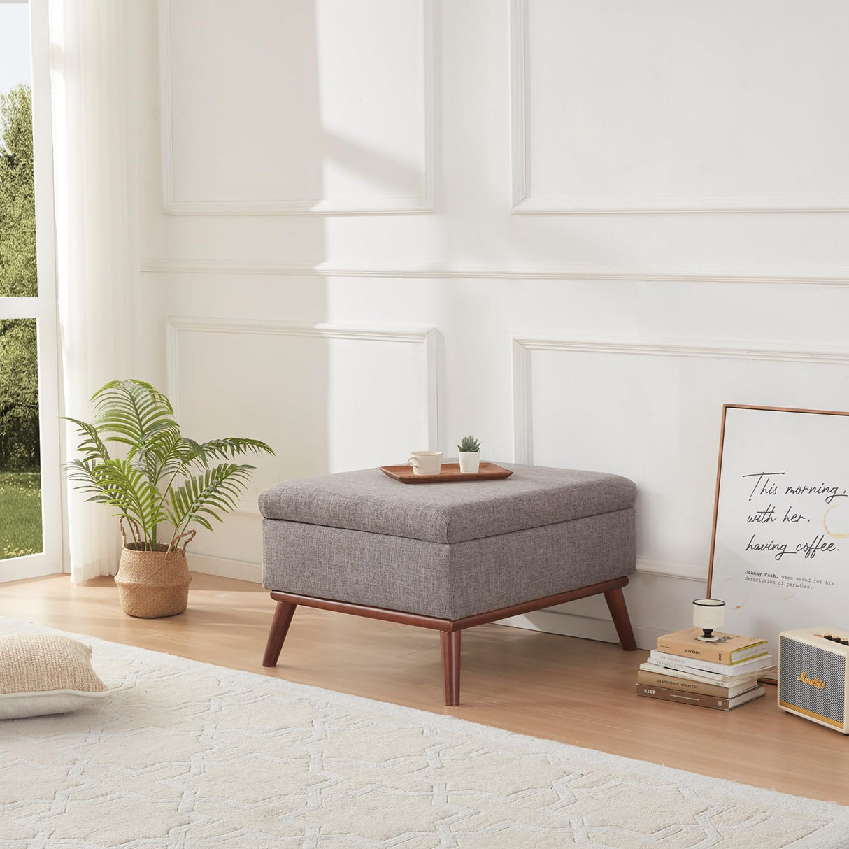 Tbfit Large Ottoman with Storage, 28.3“ Mid Century Modern Rectangle Coffee Table with Lid Lifting Function and High Wooden Legs, Oversized Storage Ottomans for Living Room, Office Room Tbfit