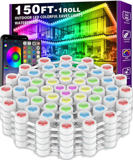 FBZ 150FT Permanent Outdoor RGB Lights - IP67 Waterproof with Smart App Control Remote,DIY Scene Modes, Music Synchronization,Eaves Lights for Garden Decor,Deck,Christmas FBZ
