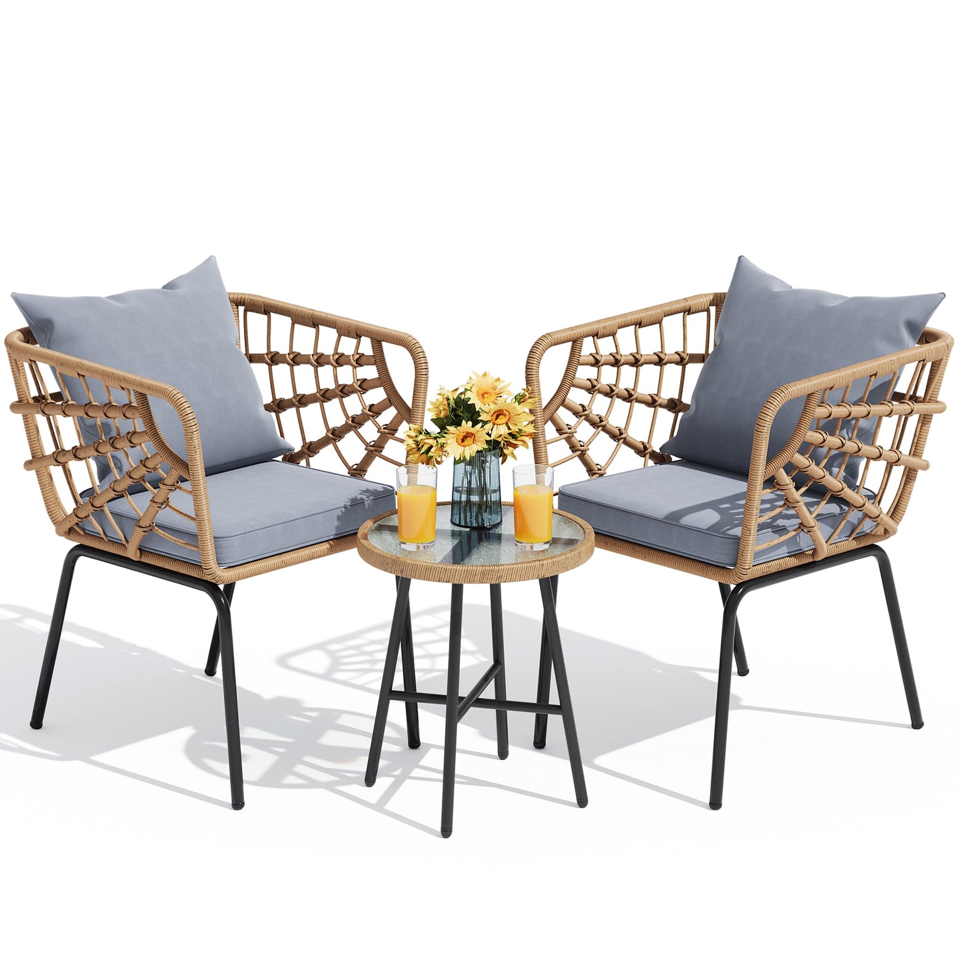 YITAHOME Wicker 3-Piece Outdoor Bistro Set, All-Weather Patio Conversation Set for Balcony, Backyard, Pool, Porch, Deck, Outdoor Sectional Furniture Set with Table & Cushions - Grey - WoodArtSupply