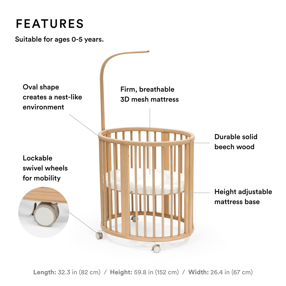 Stokke Sleepi Mini Bundle, Natural - Includes Crib/Bed, Mattress & Drape Rod - Suitable for Ages 0-5 Years Old - Adjustable & Stylish Stokke