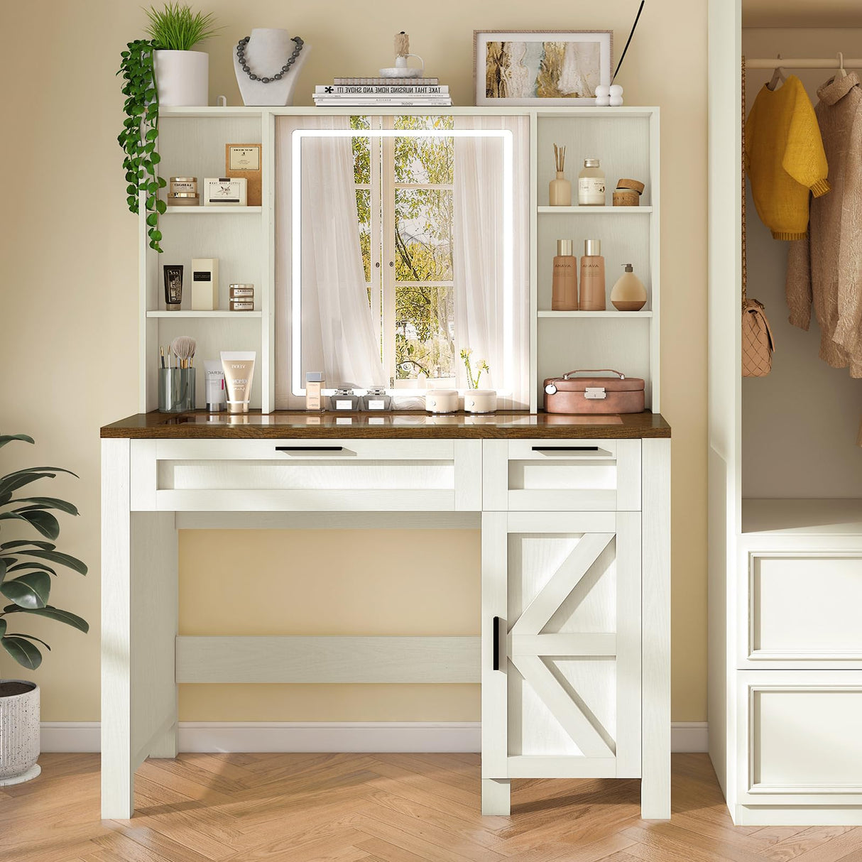usikey Farmhouse Makeup Vanity Desk with Mirror and Lights, Glass Tabletop Makeup Vanity with Adjustable Shelves, Vanity Table Set with 2 Drawers and Side Cabinet for Bedroom, White usikey