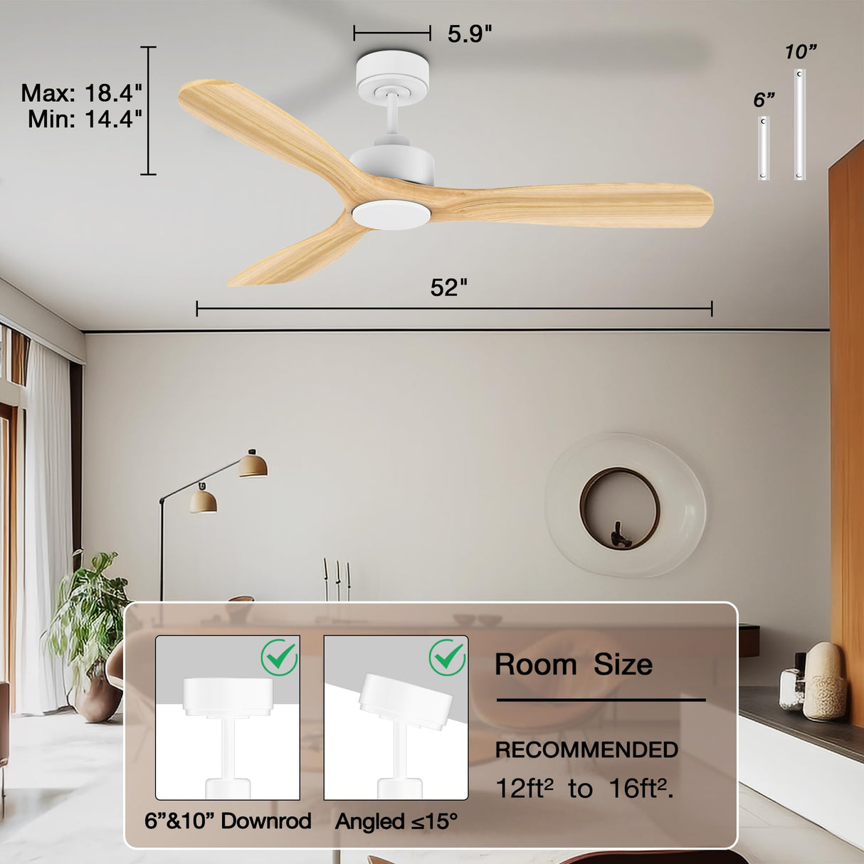 Hoenofly 52” Wood Smart Ceiling Fans with Lights Remote,Quiet DC Motor,Outdoor Indoor Ceiling Fan,Voice Control via WIFI Alexa App,Dimmable,Modern Light Wood Ceiling Fan for Bedroom Patio Porch Hoenofly