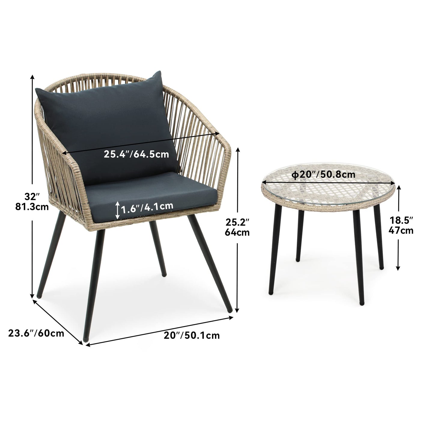 YITAHOME 3-Piece Outdoor Patio Furniture Wicker Bistro Set, All-Weather Rattan Conversation Chairs for Backyard, Balcony and Deck with Soft Cushions, Glass Side Table, Gray Rattan - WoodArtSupply