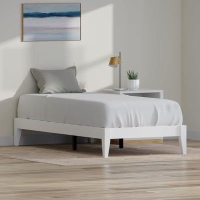 ComfIQ Solid Wood Platform Bed with Outset Legs (No Headboard) – Durable Frame, Easy Assembly, Ample Underbed Storage – Twin Size, White