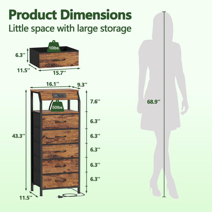 Furnulem 5 Drawers Dresser with Charging Station, Tall Night Stand with Storage Shelf, Fabric Chest of Drawers, Bedside Table for Closet, Entryway, Bedroom Furniture, 3 Ways to Use, Rustic Br - WoodArtSupply