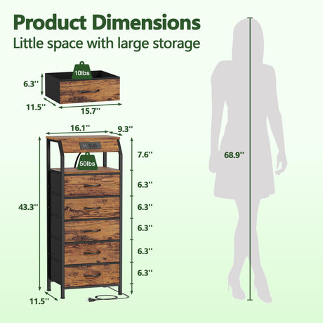 Furnulem 5 Drawers Dresser with Charging Station, Tall Night Stand with Storage Shelf, Fabric Chest of Drawers, Bedside Table for Closet, Entryway, Bedroom Furniture, 3 Ways to Use, Rustic Brown Furnulem