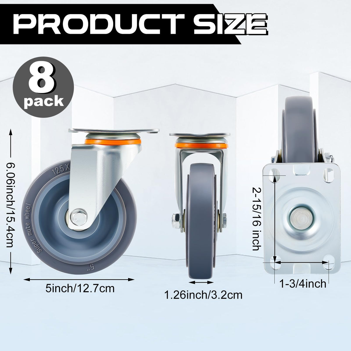 Sacubee 5 Inch Casters Replacement Kit Heavy Duty Non Marking Wheel TPR Rubber Silent Wheels, Includes 4 Swivel and 4 Rigid Casters(8 Pcs) Sacubee