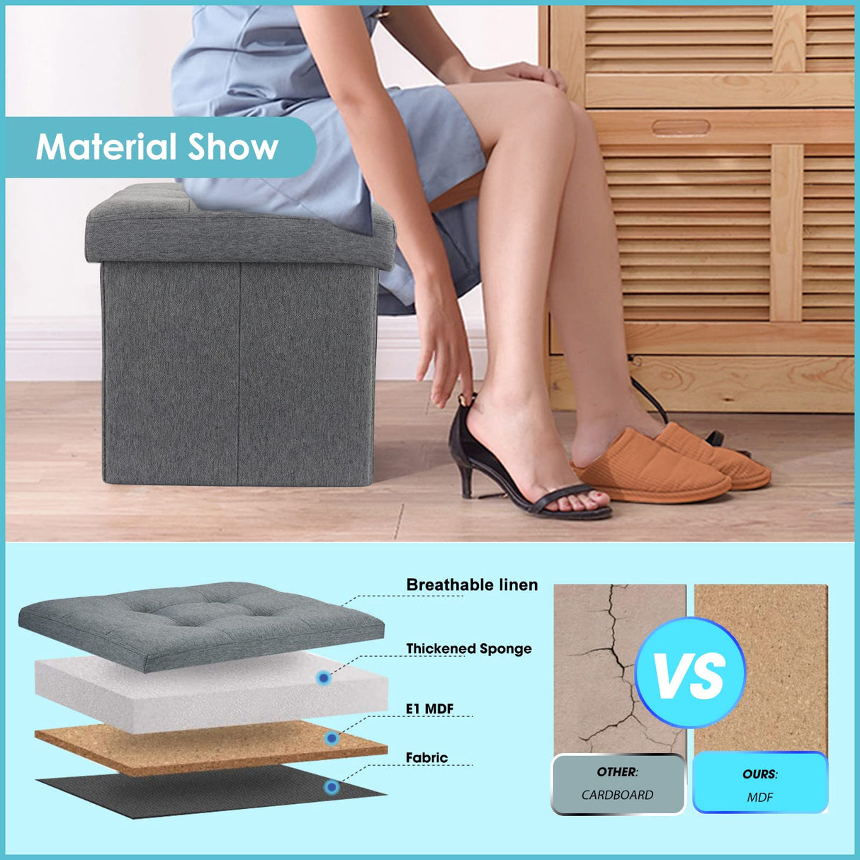 Hamgtrion Ottoman Storage Ottoman Collapsible Ottoman with Storage Foot Rest Small Ottoman Foot Stools Grey L17W13H13inches Hamgtrion