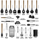 Kitchen Cooking Utensils Set-446°F Heat Resistant Silicone Kitchen Utensils for Cooking-34 Piece Kitchen Set with Natural Acacia Wooden Handles and Holder, BPA FREE for Non-Stick Cookware (Black) BESTZMWK