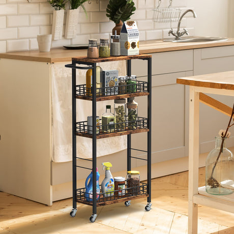 Slim Storage Cart Rolling Kitchen Cart with Wheels Narrow Laundry Storage Utility Cart 4 Tier Bathroom Mobile Shelving Unit Organizer with Wood Tabletop Trolly Cart with Handle for Small Spaces, Brown NORCEESAN