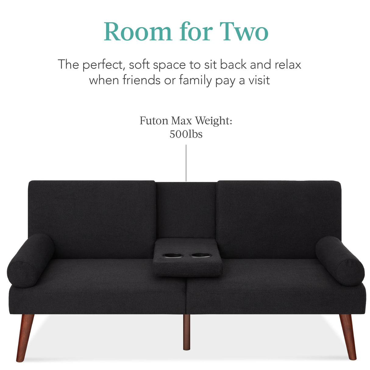 Best Choice Products Mid-Century Modern Upholstered Futon, Convertible Folding Sofa Bed, Small Couch w/Rounded Armrests, 2 Cupholders - Black Best Choice Products