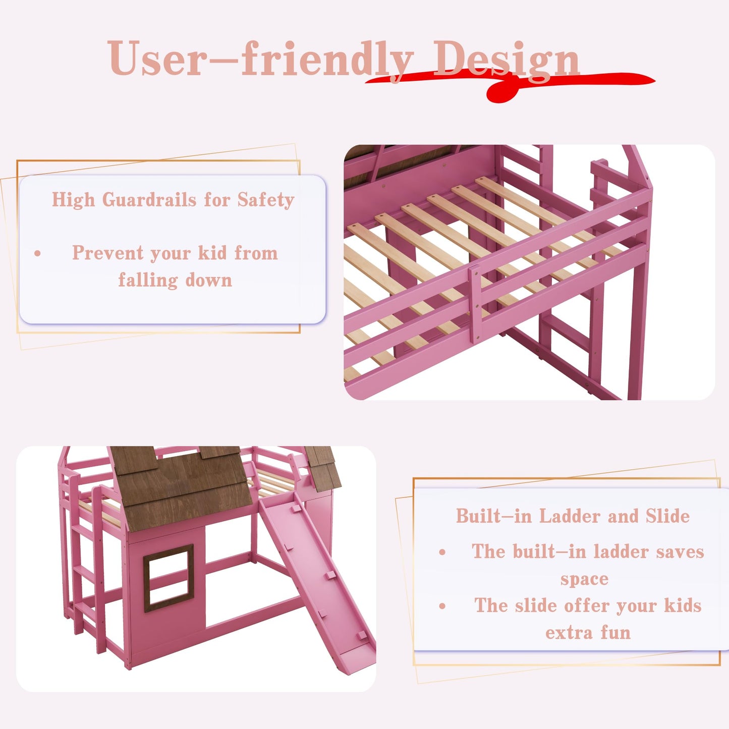 SOFTSEA Pink House Bunk Bed with Roof Low Bunk Bed with Slide for Girls, Twin Over Twin