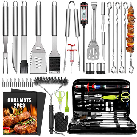 34Pcs Grill Accessories Grilling Gifts for Men, 16 Inches Heavy Duty BBQ Accessories, Stainless Steel Grill Tools with Thermometer, Grill Mats for Backyard, BBQ Set for Men Women Taimasi