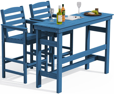 SERWALL Outdoor Bar Table and Chairs Set, Adirondack Bar Chairs Set of 2 and Bar Height Table, All Weather HDPE Outdoor Patio Bar Set, Outdoor Furniture for Outside, Poolside, Backyard, Garden, Blue SERWALL