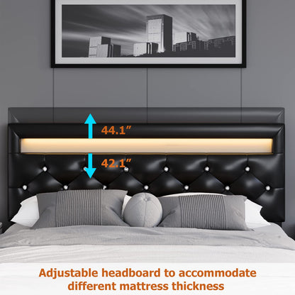 Keyluv Modern Upholstered King Size Bed Frame with LED Lights and Adjustable Crystal Tufted Headboard - WoodArtSupply