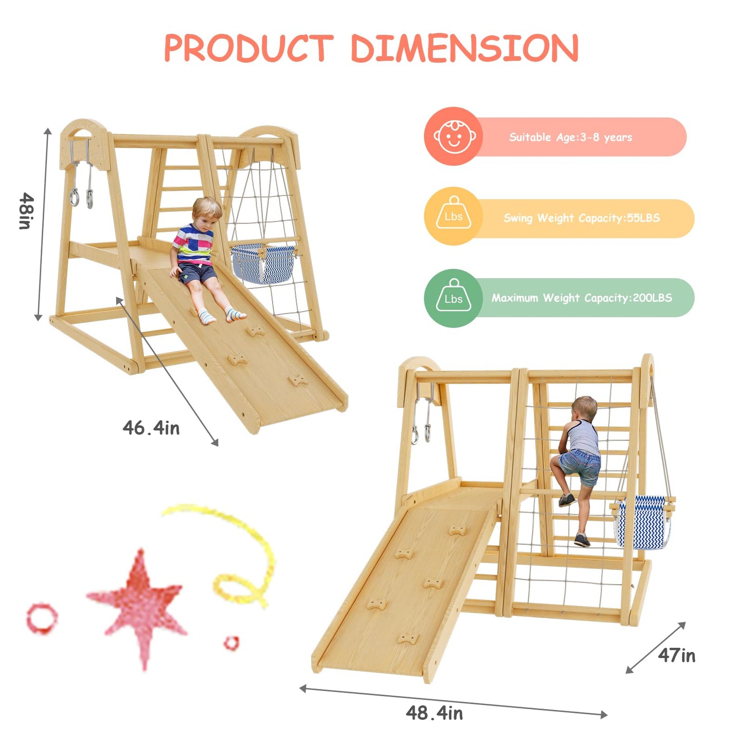 Jungle Gym, Indoor Playground 7-in-1 Toddler Climbing Toys Indoor with Monkey Bars, Rope & Wooden Ladder, Waiting Area, Swing, Climbing Rock, Arm Ring, Toddler Swing for 3-8 Years - WoodArtSupply