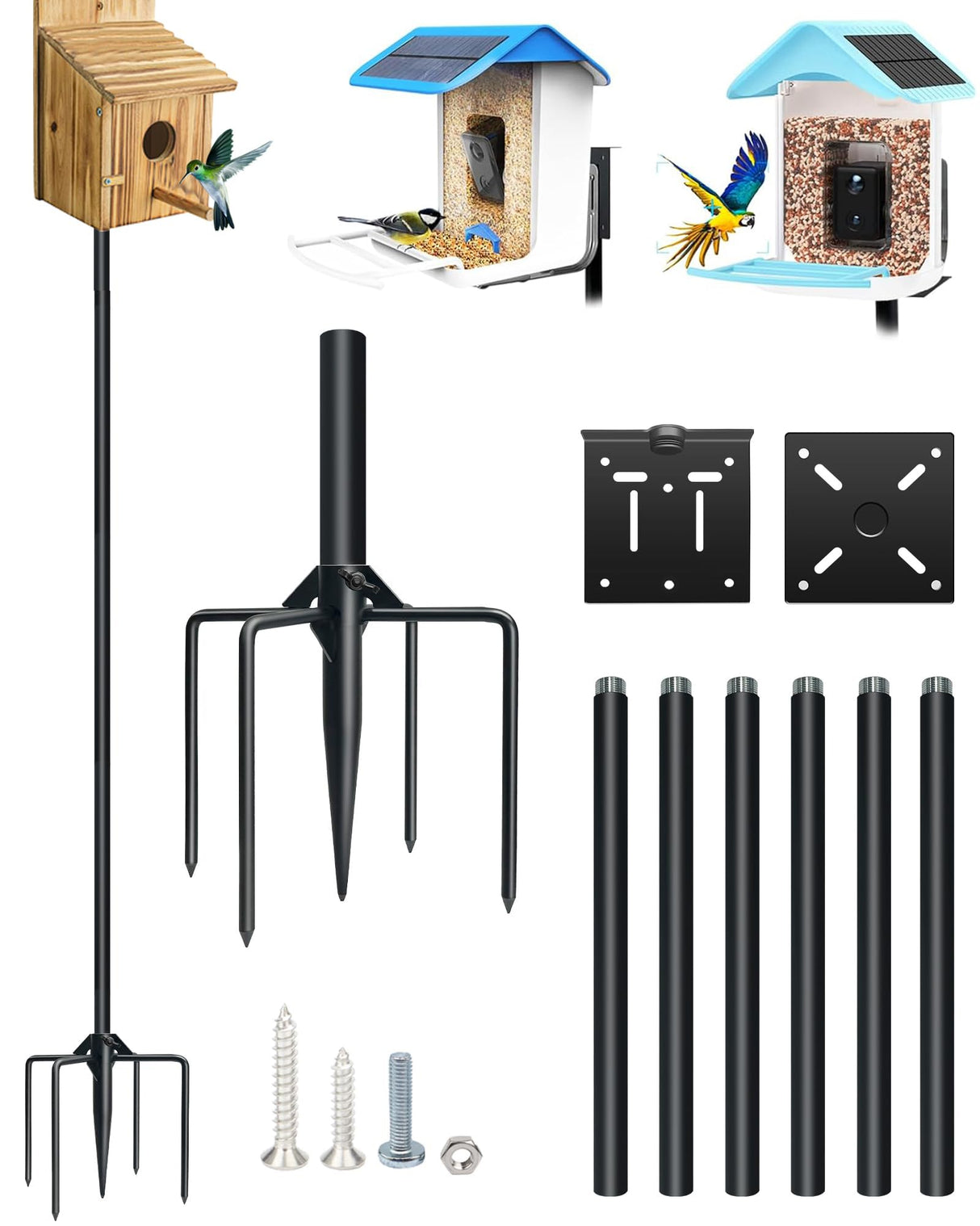 QwayHome Upgrade 80In Smart Bird Feeder Pole, Outdoor Bird House Poles Mount Kit for Bird Buddy Feeder & Wooden Bird House, Adjustable Heavy-Duty Birdhouse Pole Stand Post Set with 5-Prong Base QwayHome