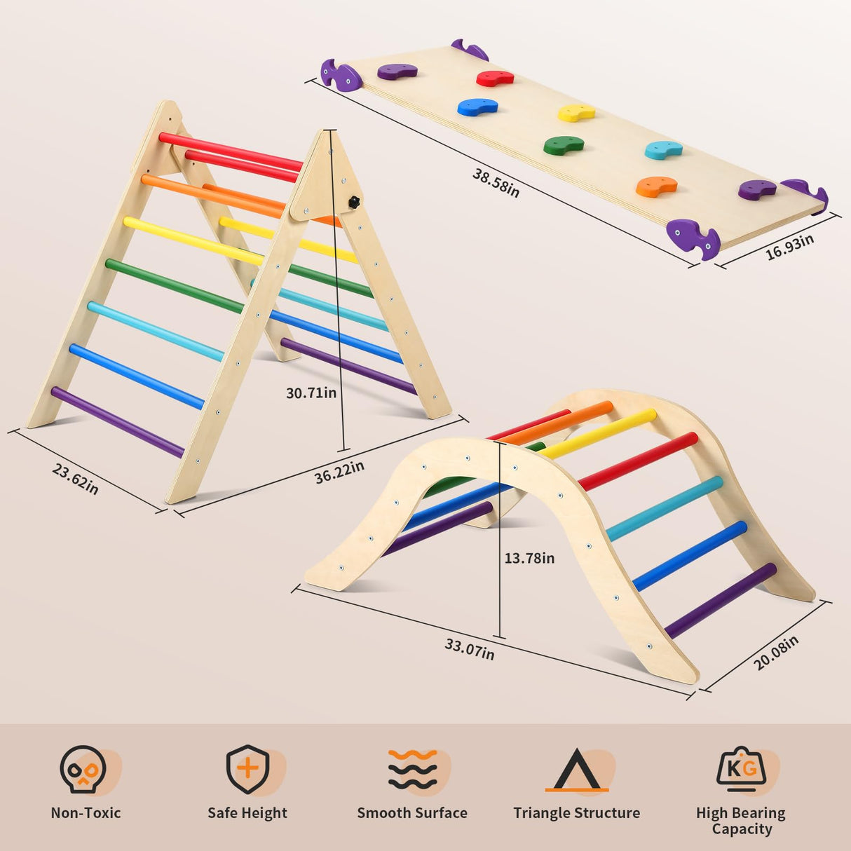 Pikler Triangle Set with Cushion, 5 in 1 Foldable Montessori Climbing Set for Toddlers Age 1-6, Climbing Triangle Set with Slide and Climbing Ramp Toddler Indoor Playgrounds, Gift for Kids (Rainbow) GCCSJ