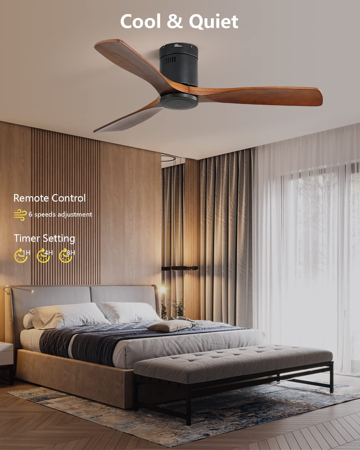 Sofucor Flush Mount Ceiling Fan Low Profile Ceiling Fan with Remote Control 52 Inch Outdoor Ceiling Fan 3 Reversible Walnut Wood Blades Noiseless DC Motor 6 Speed with Timer - WoodArtSupply