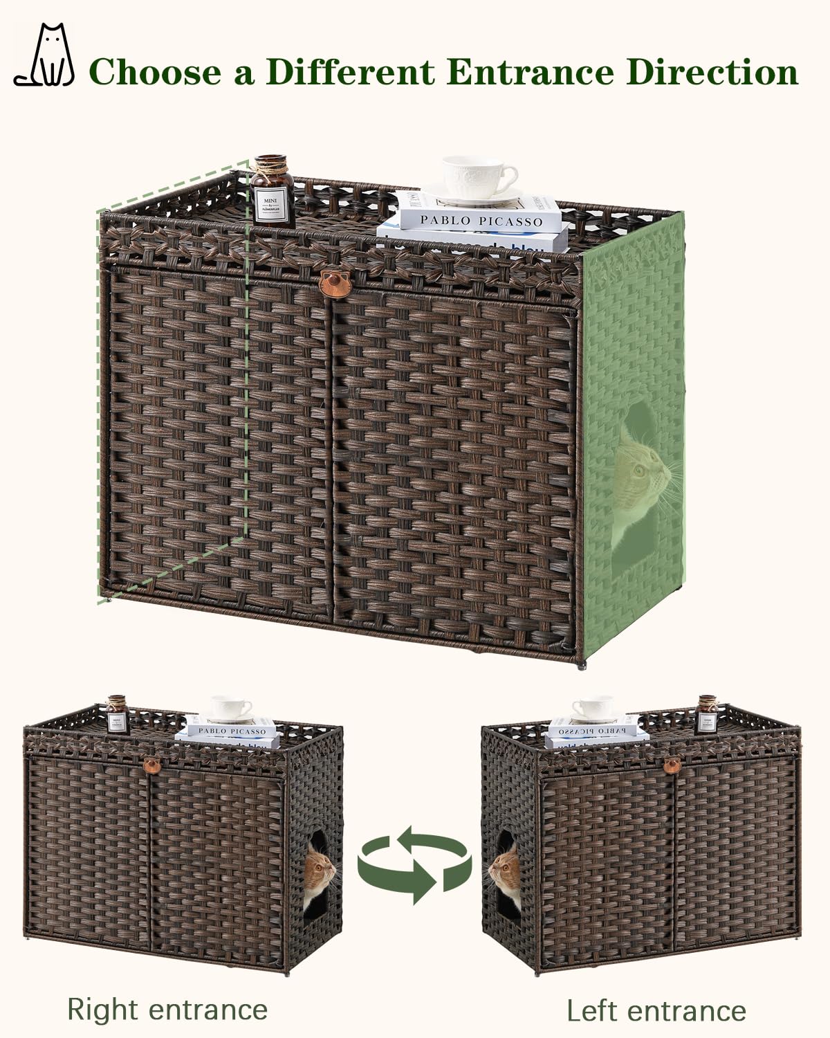 SETVSON Cat Litter Box Enclosure Furniture, Handwoven Rattan Hidden Litter Box with Mat, Large Space Cat House with 2 S-Shaped Hooks, 30.3 x 18.3 x 24.4 Inches, Indoor for Living Room Apartment Brown SETVSON