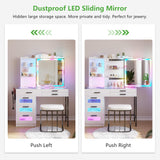 HENBC Vanity Desk with Sliding Mirror and Glass Desktop, LED Vanity Mirror with RGB Lights Desk and Chair, Dressers Vanity Table Set with Charging Station/Makeup Organizer/6 Drawers (White) HNEBC