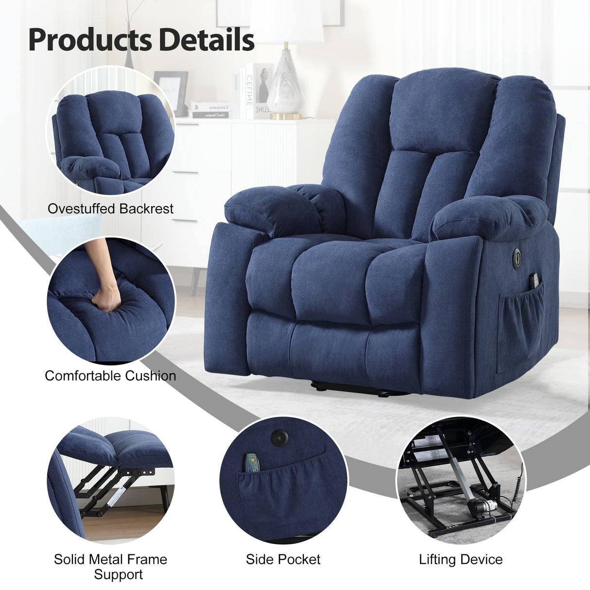 CANMOV Power Lift Recliner Chair with Massage and Heat for Elderly, Overstuffed Wide Recliners, Heavy Duty and Safety Motion Reclining Mechanism with USB Ports, 2 Concealed Cup Holders, Navy Blue CANMOV