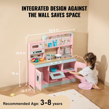 VEVOR Wooden Play Kitchen Toy, Play Kitchen for Kids with Lights and Sounds, Toddler Kitchen with Ice Maker, Oven, Sink, Microwaves, Fridge and Utensil and Fruit Accessory for Toddlers Ages 3-8, Pink VEVOR